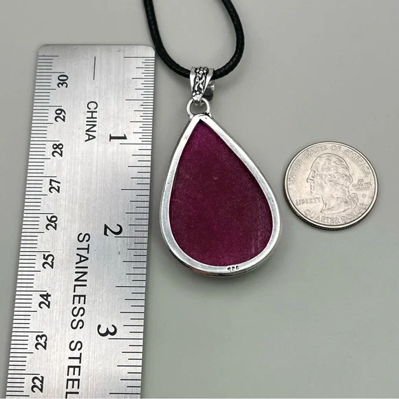 New Faceted Enhanced Ruby Stone Silver Overlay Pendant with Cord - Picture 4 of 5